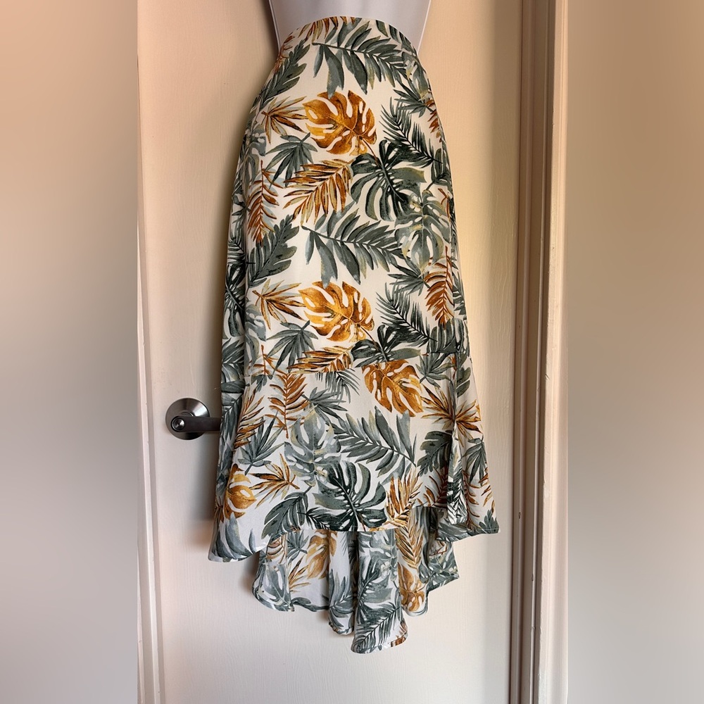 High-Low Tropical Leaf Midi Skirt in Sage Green & Mustard
